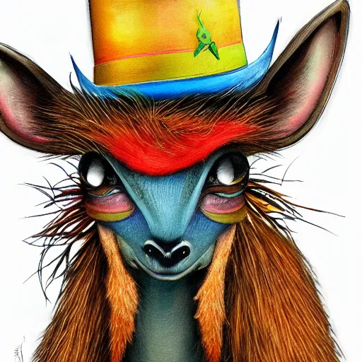 Image similar to a dik dik monster with tattoos wearing a fedora, colorful, digital art, fantasy, magic, trending on artstation, ultra detailed, professional illustration by basil gogos