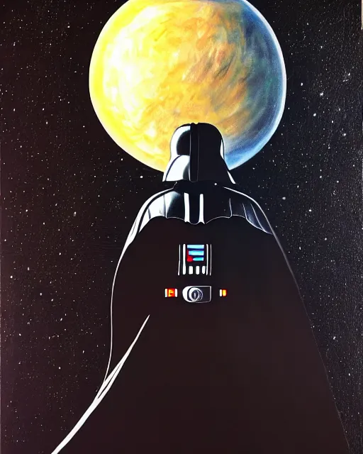 Prompt: acrylic painting portrait of darth vader looking through a large window into outer space with a large planet visible, view from behind, high production value, intricate details, high resolution, hdr, high definition, masterpiece, realistic, ultrarealistic, highly detailed, hd, sharp focus, non blurry, sharp, smooth