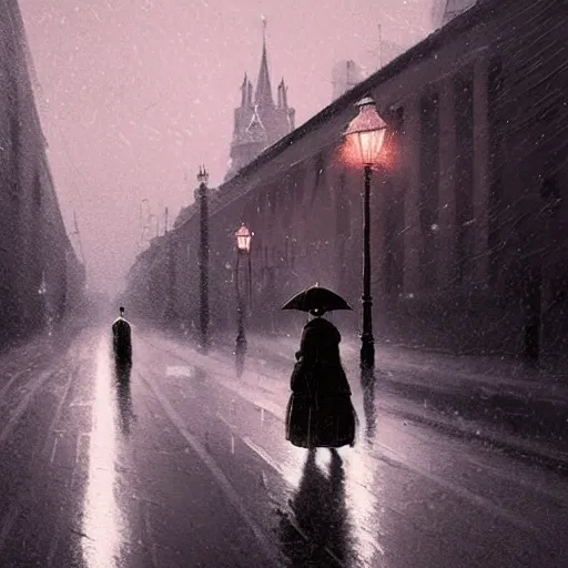 Prompt: lonely road of moscow at night with a single lamp post, walking woman with umbrella, artstation, detailed, by greg rutkowski,