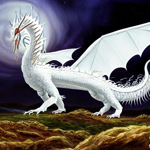 Image similar to a beautiful white dragon on the Altus Plateau, highly detailed painting, painting by Ciruelo, 4k