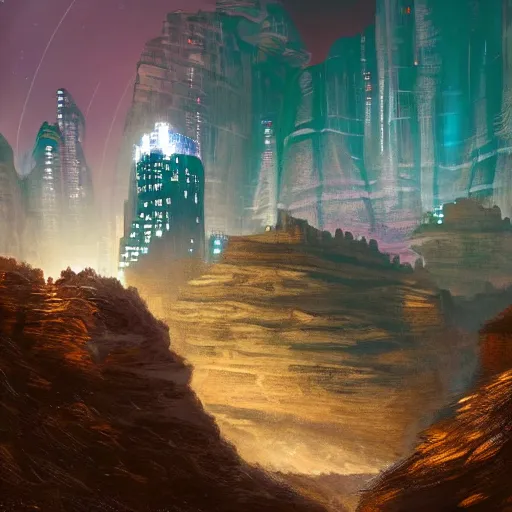 Prompt: futuristic cityscape inside a canyon, mesas, alpine tundra, nighttime, serene, very detailed