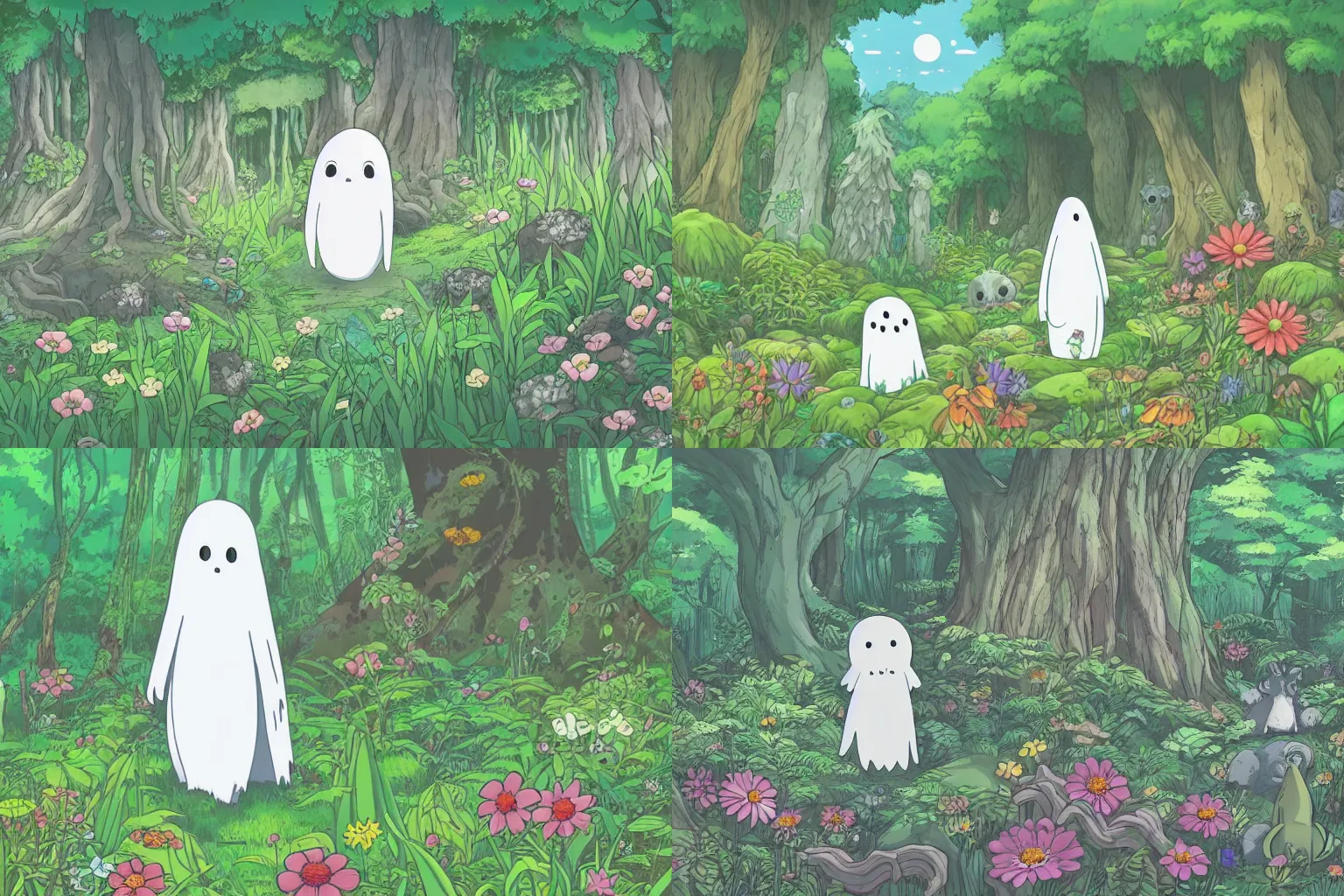 Prompt: a cute lonely ghost wandering in a lush forest surrounded by creatures and flowers by studio ghibli, detailed, vivid, wide angle, cinematic, line art