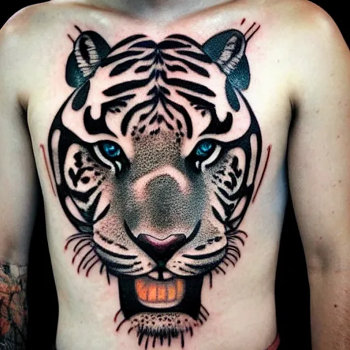 Image similar to tattoo design of a face of a beautiful girl wearing a tiger head hat, hyper detailed