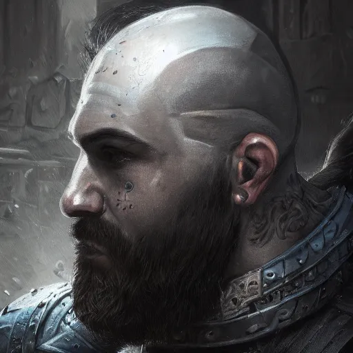 Prompt: a d & d portrait of an armored gray - skinned goliath with face tattoos, sides of head shaved with black ponytail, black beard, art by deiv calviz, splash art, natural light, elegant, intricate, fantasy, atmospheric lighting, by greg rutkowski, hd wallpaper, ultra high details, cinematic composition, professional unique masterpiec