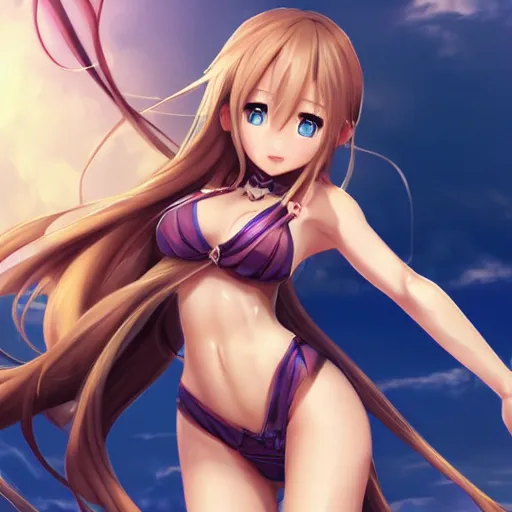Image similar to a very beautiful mature yuuki asuna, full body, long wavy blond hair, sky blue eyes, full round face, bikini, miniskirt, front view, mid - shot, cute pose, highly detailed, cinematic wallpaper by stanley artgerm lau