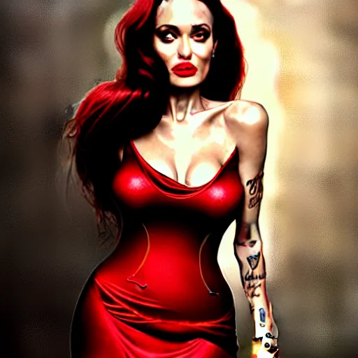 Prompt: angelina jolie as jessica rabbit red dress, character headshot portrait, sharp, digital matte painting, art by luis royo, greg rutkowski, wlop, dramatic lighting, trending on artstation