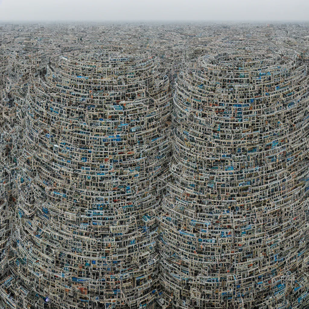 Prompt: a circular tower, made up of makeshift squatter shacks, dystopia, sony a 7 r 3, f 1 1, fully frontal view, photographed by andreas gursky