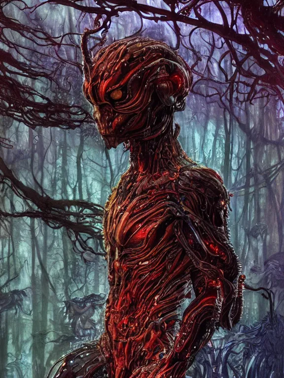 Prompt: closeup portrait of a living goo on a ( transparentcyborg leshy panther with glowing veins ), in alien forest, cinematic light, backlight glow, red green, mist, by mikhail vrubel, by philippe druillet, by peter elson, by gerald brom, muted colors, extreme detail, trending on artstation, 8 k