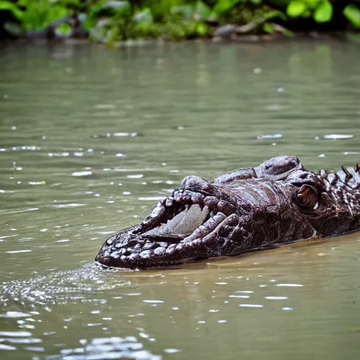 Prompt: human crocodile, photograph captured at woodland creek