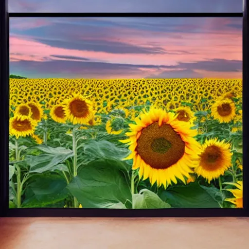 Image similar to a mural of Amy poehler as Leslie knope in a meadow of beautiful sunflowers —width 480 —height 270