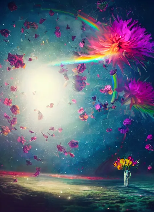 Image similar to An epic fantastic realism comic book style painting of the most beautiful spinning flowers floating into the dark cosmos, exquisite bouquets, fisheye, a star explodes into rainbows, unreal 5, DAZ, hyperrealistic, octane render, dynamic lighting