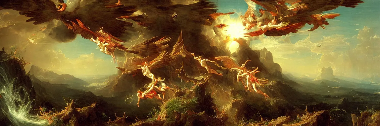 Prompt: an epic thomas cole naturalist style painting of icarus crashing and burning his chariot