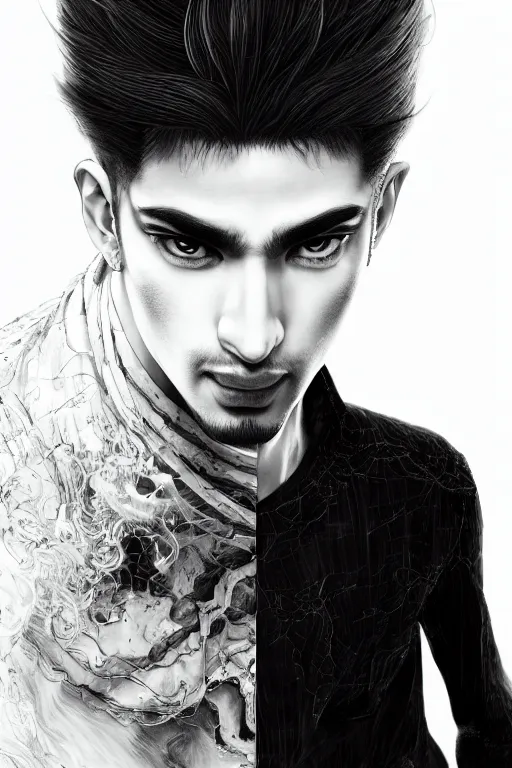 Prompt: beautiful medium shot portrait of a young arabic man casually dressed inspired by ayami kojima, three - quarters portrait, white background white bank studio light, artstation, movie poster, art by yoshitaka amano, hiroaki samura, jiro matsumoto and yusuke murata, sharp focus, high quality, 8 k