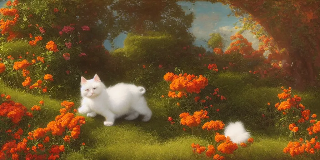 Image similar to orange fluffy cat with flowers growing near, Thomas Cole, artgem, Tyler Edlin and Jean Delville, wide angle, minimalistic, highly detailed, masterpiece