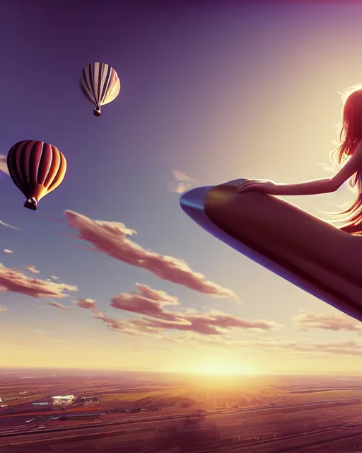 Prompt: very wide photo shot of a teen girl sitting on a flying passenger airplane's wing, side view, very windy, sunny morning light, hot air balloons in the distance, hdr, volumetric lighting, intricate details, detailed digital photo by noriyoshi ohrai and john william waterhouse and krenz cushart, unreal engine, octane render, hyperrealism, photorealistic