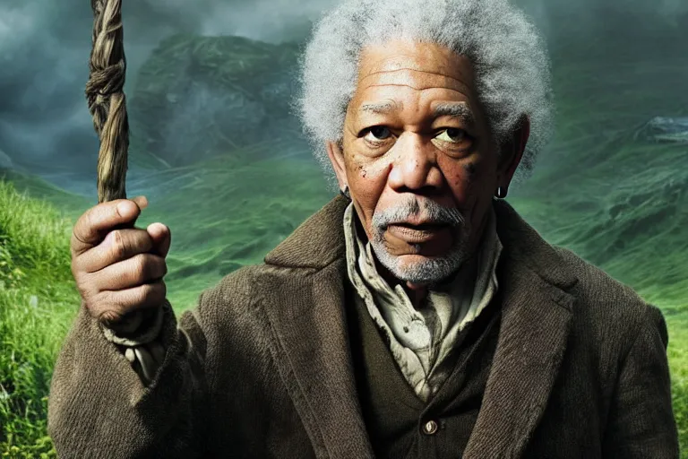 Image similar to promotional image of Morgan Freeman as Bilbo Baggins in The Hobbit: An Unexpected Journey (2012) directed by Peter Jackson, movie still, promotional image, imax 70 mm footage