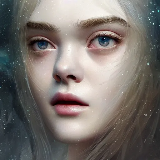 Prompt: a professional painting of Elle Fanning, clothed in ethereal armor, porcelain white skin, long blonde hair, beautiful bone structure, symmetrical facial features, intricate, elegant, digital painting, concept art, smooth, sharp focus, illustration, from Blade Runner 2049, by Ruan Jia and Mandy Jurgens and Artgerm and William-Adolphe Bouguerea