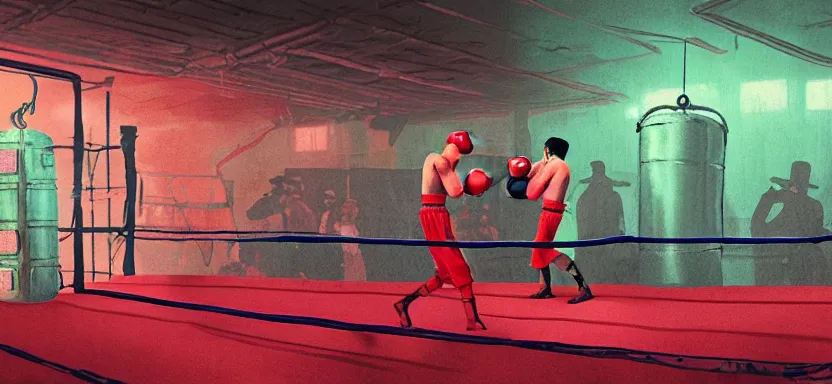 Image similar to handmade illustration of a boxing match in an industrial room, line art, octane render with volumetric lighting, miniatures by wes anderson, cedric peyraavernay, waste processing machinery, bladerunner, green and red radioactive swamp, by Remedios Varo and Anato Finnstark and Greg Rutkowski, dayglo pink, dayglo blue, by Craig Mullins, ilya kuvshinov, krenz cushart, artgerm, 8k, trending on ArtStation