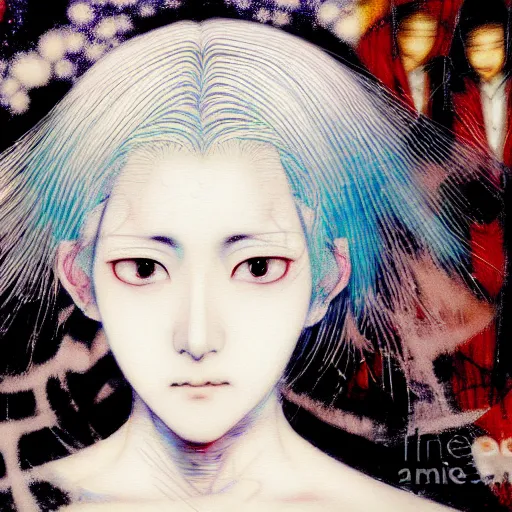 Image similar to yoshitaka amano blurred and dreamy realistic three quarter angle portrait of a young woman with white hair and black eyes wearing dress suit with tie, junji ito abstract patterns in the background, satoshi kon anime, noisy film grain effect, highly detailed, renaissance oil painting, weird portrait angle, blurred lost edges