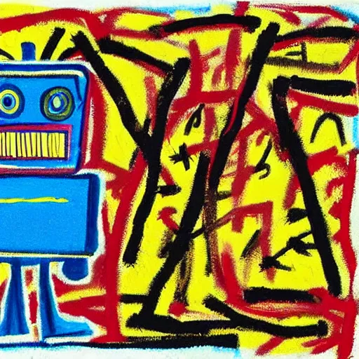 Image similar to a little robot lying in a flower field, painted by basquiat