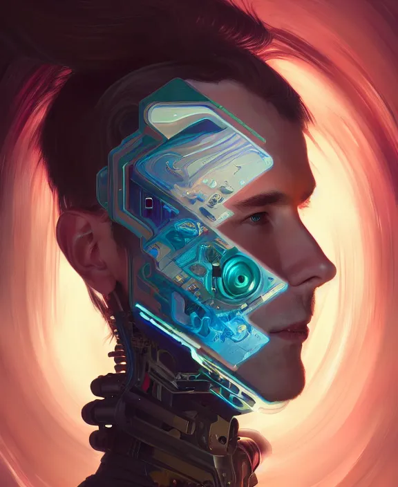 Image similar to a whirlwind inside the metaverse, guy, male, man, hologram, half body, neurochip, android, cyborg, cyberpunk face, by loish, d & d, fantasy, intricate, elegant, highly detailed, colorful, digital painting, artstation, concept art, art by artgerm and greg rutkowski and alphonse mucha