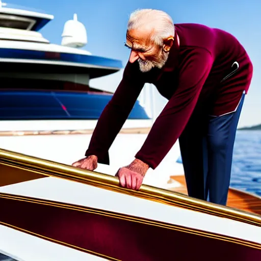 Image similar to wrinkled hunchbacked old man in musty burgundy suit, polishing painting the side of a gold plated mega yacht with a cloth, maintenance photo