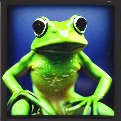 Image similar to a polaroid photo of a frog wearing headphones