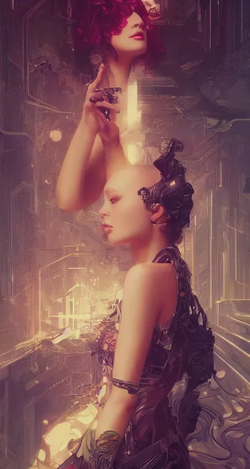 Image similar to beautiful young girl vaporwave aesthetic, synthwave, intricate, elegant, highly detailed, digital painting, in bladerunner city, artstation, concept art, smooth, sharp focus, illustration, art by artgerm and greg rutkowski and alphonse mucha