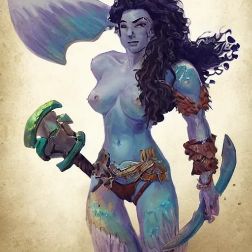 Image similar to triton girl having a great time riding on a goliath's shoulders, dnd concept art, painting by ross tran, blue-skinned triton, fur-clad barbarian goliath