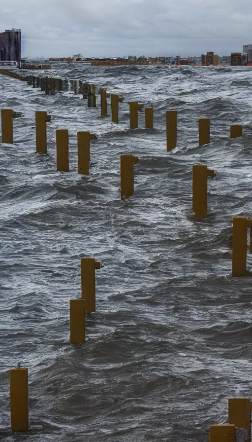 Image similar to color pentax photograph of beautiful brutalist storm surge barriers. wide angle, distant shot. epic!