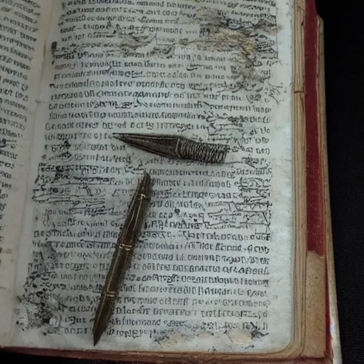 Image similar to pages from the grail diary, antique worn book, clues, ink, torn, intricate pen work,