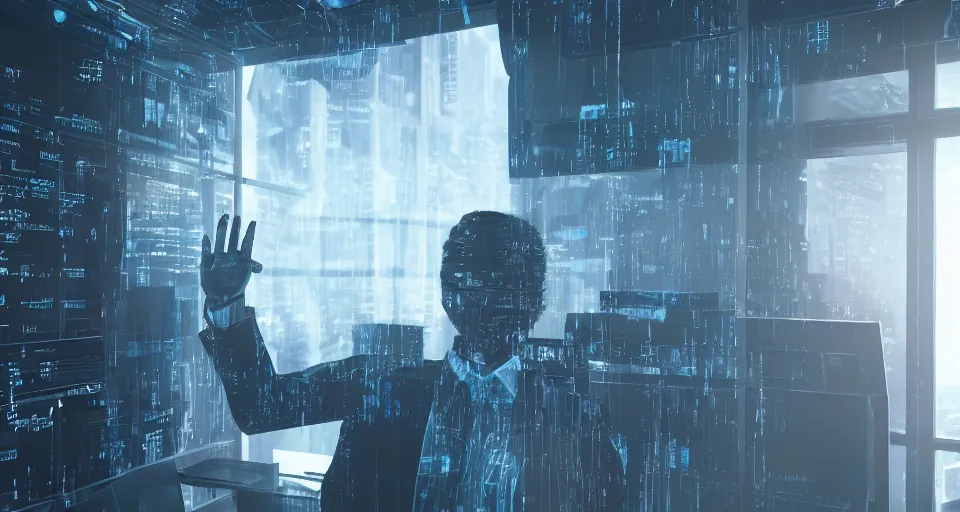 Prompt: Dramatic photo of a CEO waving to his coworkers in a futuristic office. Cryptocurrency coins are levitating all around them. 8k, high detail, trending on Artstation, volumetric lighting, cyberpunk