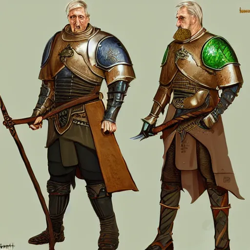 Image similar to concept art, full body, 50 years old men, blonde, blue eyes, green-blue medieval leather armor, no helmet, spear, high detail, digital art, medieval fantasy, realistic