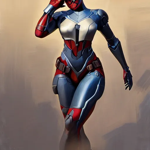 Image similar to greg manchess portrait painting of partially armored female iron spiderman as overwatch character, medium shot, asymmetrical, profile picture, organic painting, sunny day, matte painting, bold shapes, hard edges, street art, trending on artstation, by huang guangjian, gil elvgren, ruan jia, greg rutkowski, gaston bussiere