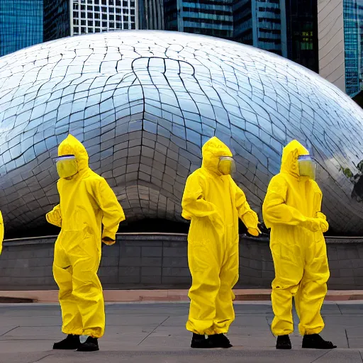 Image similar to chinese soldiers in hazmat suits carrying machine guns, detailed faces, cloud gate chicago, grey skies