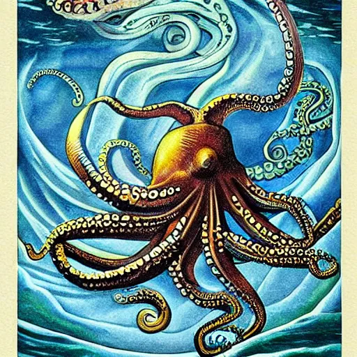 Prompt: The octopus is a captain and steers the ship, highly detailed, fantasy art