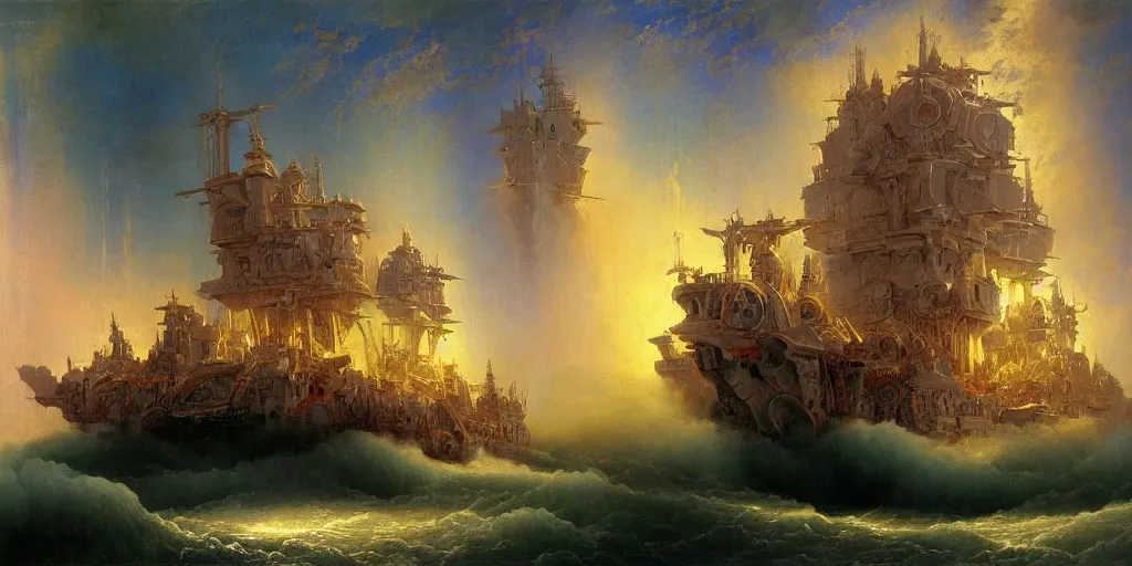 Prompt: a epic painting of glorian type spaceship, warhammer 4 0 k, intricate details, divine, by aivazovsky and botticelli