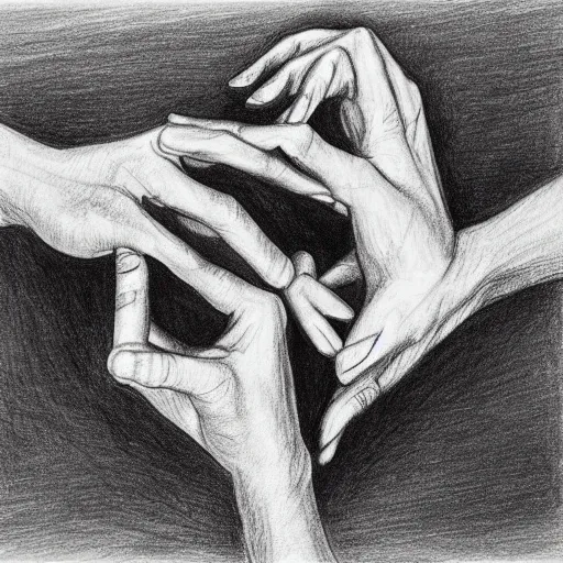 Image similar to M.C. Escher two hands drawing each other, black and white pencil sketch of real hands drawing themselves