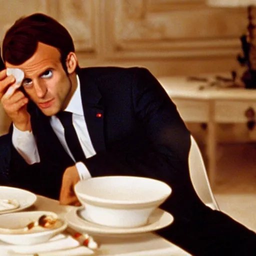 Image similar to Emmanuel Macron eating humans in American Psycho (1999)