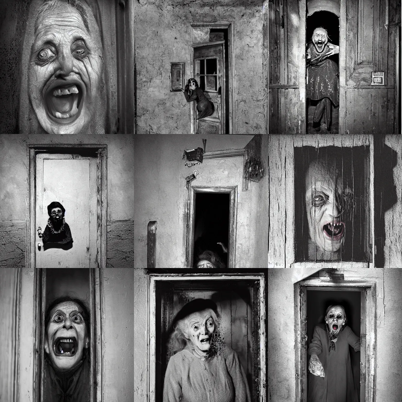 Prompt: portrait of a creepy old lady screaming creeping out of a door in lingerette, morbid, macabre, dark lighting, decay teeth, black and white gainy film, 1 6 mm film vignette, matte painting by maxim verehin