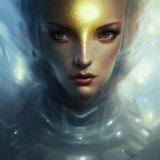 Prompt: scifi, illustration, slender symmetrical face and body, artstation, cinematic lighting, hyperdetailed, cgsociety, 8 k, high resolution, in style of charlie bowater, tom bagshaw, insanely detailed and intricate, beautiful, elegant, golden ratio, dark fractal background, vfx, art deco, postprocessing
