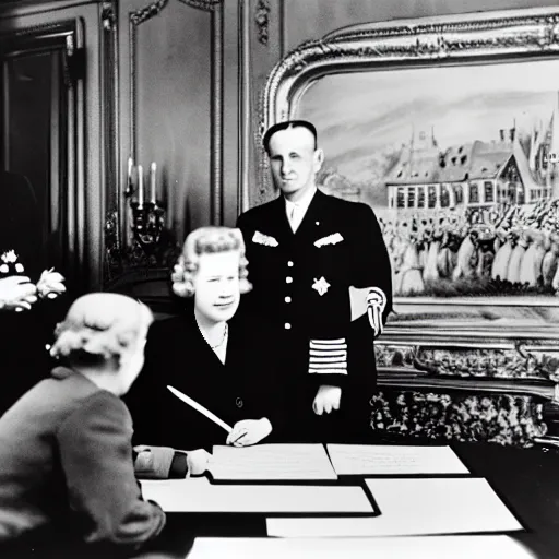 Prompt: ultra wide 1 9 4 6 historical photo 1 3 5 mm of a single german general signing a peace treaty, a young queen elizabeth holds a corgi and watches the general sign the treaty, french village interior, highly detailed, sharp focus