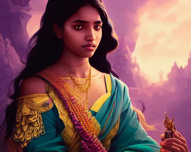 Image similar to beautiful sri lankan girl, photography of kurzgesagt, deep focus, d & d, fantasy, intricate, elegant, highly detailed, digital painting, artstation, concept art, matte, sharp focus, illustration, hearthstone, art by artgerm and greg rutkowski and alphonse mucha