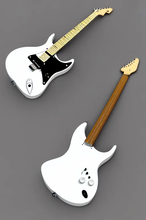 Prompt: a realistic design render of an electric guitar designed by joni ive of apple. gloss white.