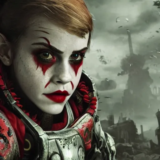 Image similar to emma watson as a clown in gears of war, splash art, movie still, cinematic lighting, ray tracing, detailed clown face, octane render, long lens, shallow depth of field, bokeh, anamorphic lens flare, 8 k, hyper detailed, 3 5 mm film grain