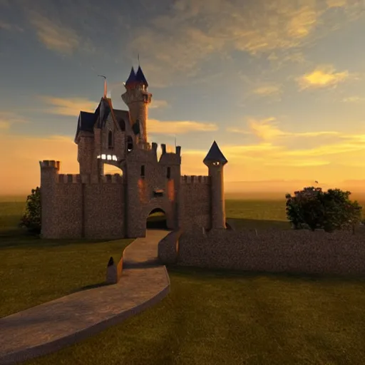 Image similar to castle at sunset, cinematic, dramatic, realistic, volumetric lighting