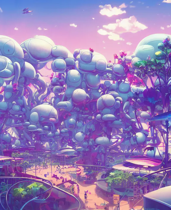 Image similar to simplicity, an amusement park made out of sleek fat asymmetrical organic creatures, in the style of an aerodynamic blobby spaceship, overgrown with orchids, partly cloudy, sun - drenched, dramatic lighting, by dan mumford, yusuke murata, makoto shinkai, ross tran, cinematic, unreal engine, cel shaded, featured on artstation, pixiv