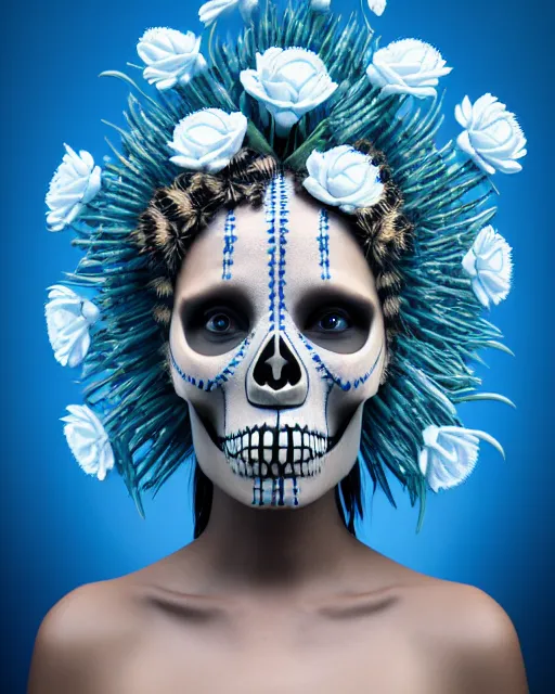 Prompt: hyperrealistic award winning photo of a tribal cyberpunk woman wearing ivory carved skull as helmet with blue and white flowers growing out of the skull by beeple