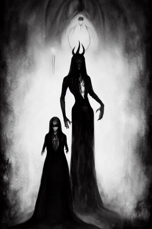 Image similar to a black and white photo of a demon standing behind a woman, concept art by Þórarinn B. Þorláksson and Anato Finnstark, deviantart, gothic art, hellish, wiccan, macabre, demonic photograph