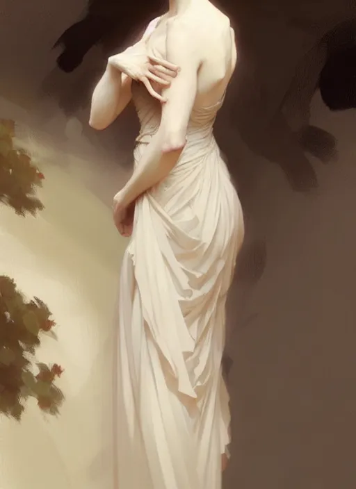 Image similar to character concept portrait of a stoic and proud woman in an elegant gown, pale face, intricate, elegant, digital painting, concept art, smooth, sharp focus, illustration, from Metal Gear, by Ruan Jia and Mandy Jurgens and William-Adolphe Bouguereau, Artgerm